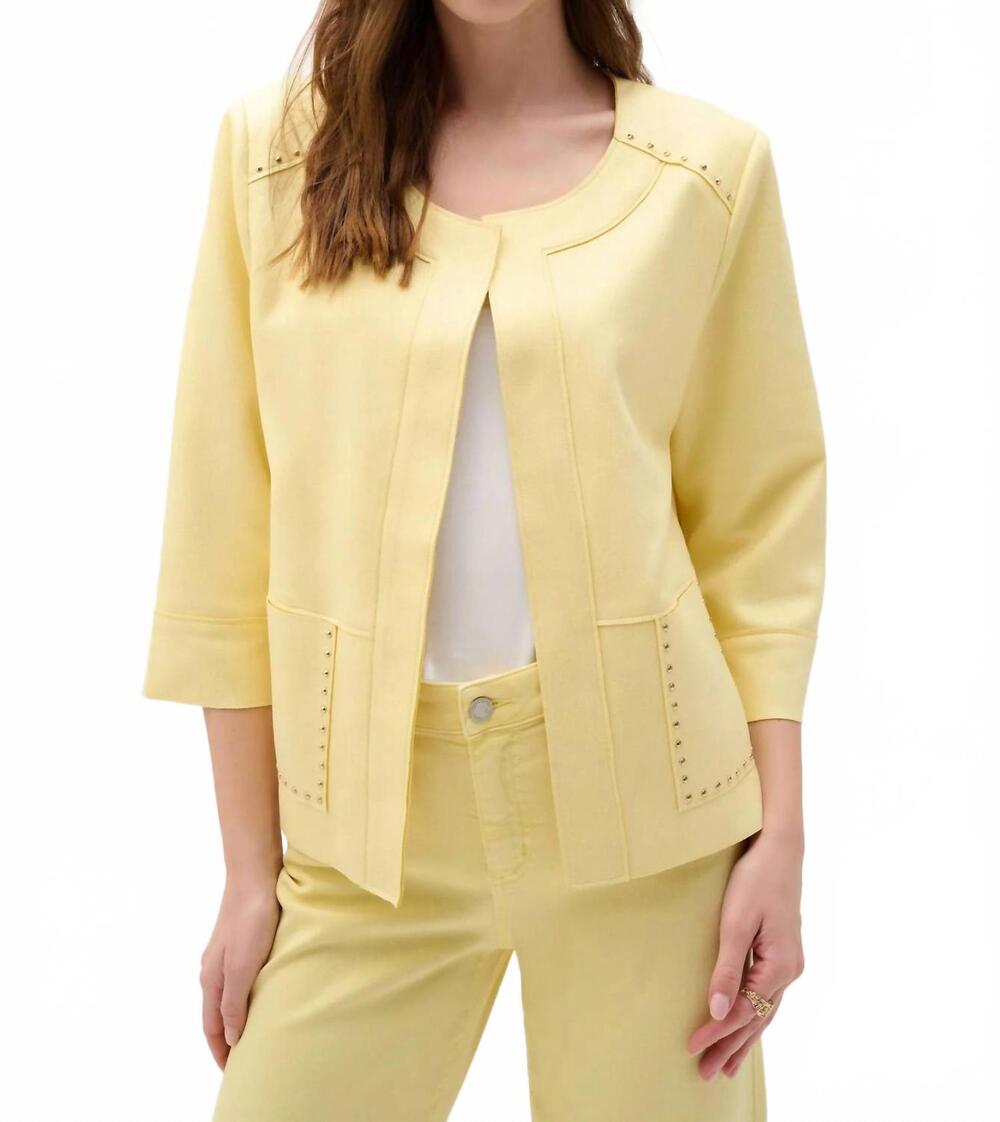NEW JOSEPH RIBKOFF studded open front boxy faux suede jacket in mellow yellow